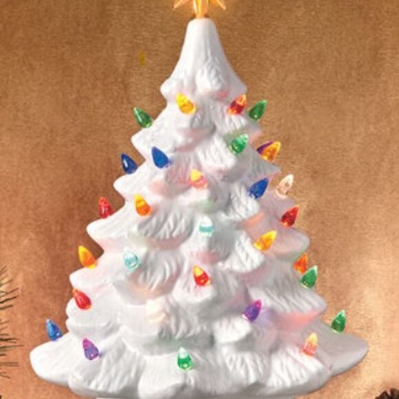 White 12"H Ceramic Lite UP Christmas Tree Table Top Retro Nostalgic Decoration - Picture 2 of 12